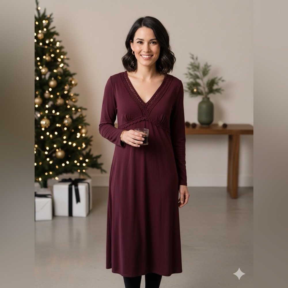 VTG Ann Taylor LOFT size 8 burgundy midi dress crochet trim holiday Christmas